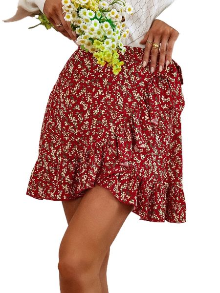 

ditsy floral ruffle trim wrap knot side skirt f4f4#, Black