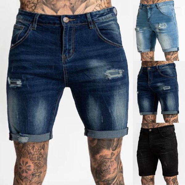 Herren-Shorts, lässige Jeans mit Reißverschluss und Löchern, enge Hosen, Taschenwaschhose, zerrissener, ausgefranster Denim für Herren, kurze Hosen, Jeans für Herren