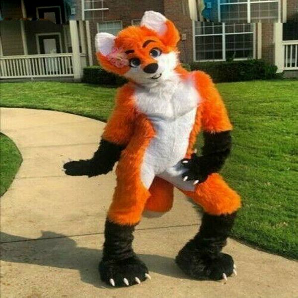 

orange long fur husky fox dog fursuit mascot costume suits party ad, Red;yellow