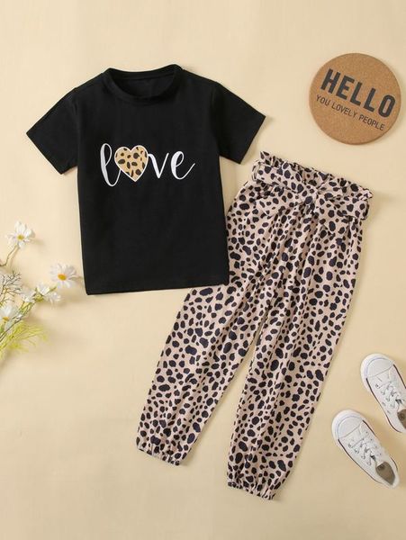 

toddler girls heart & letter graphic tee & dalmatian print belted pants she, White
