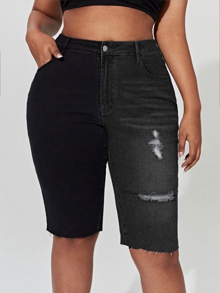 

sxy plus two tone ripped raw cut denim shorts q4lq#, White;black