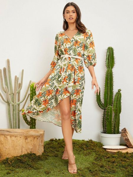 

tropical print belted wrap dress a7tz#, Black;gray