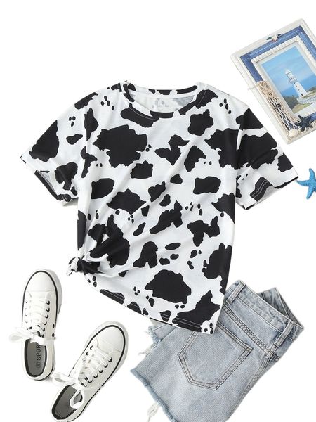 

cow print round neck tee a0ex#, White