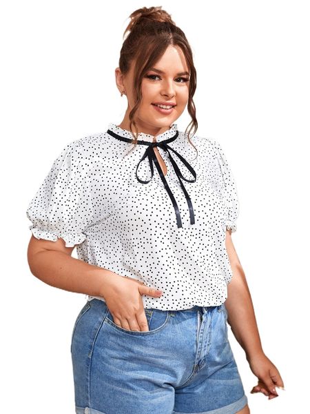 

plus polka dot puff sleeve frilled tie neck blouse z5ba#, Black