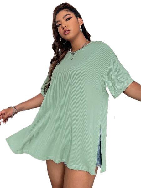 

plus drop shoulder slit hem tee j1yq#, Black