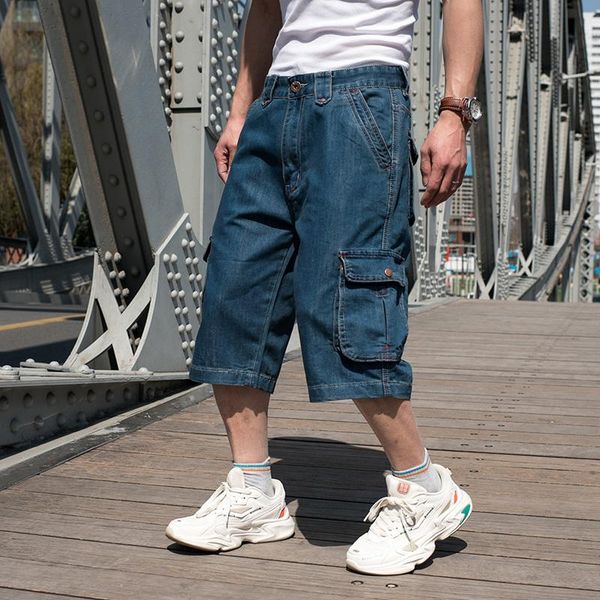 

men's shorts summer denim cargo cropped pants big pocket men's hip hop loose plus fat size jean short malemen's, White;black