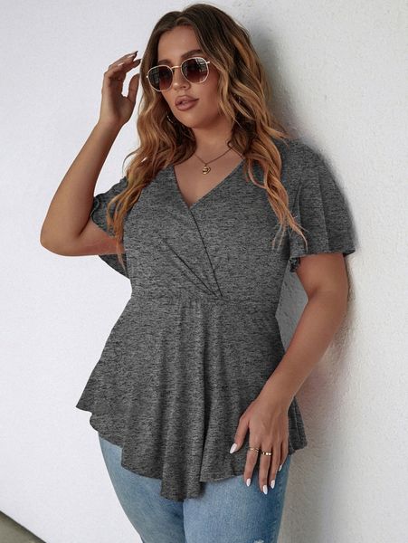 

plus flutter sleeve overlap collar peplum hem tee 77qs#, Black