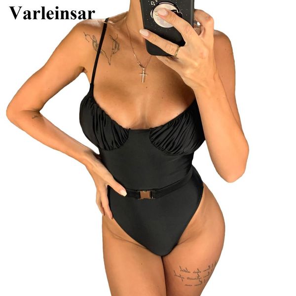 

2022 new pleated high cut women swimwear one piece swimsuit female bather with belt bathing suit swim beach monokini v1703, White;black