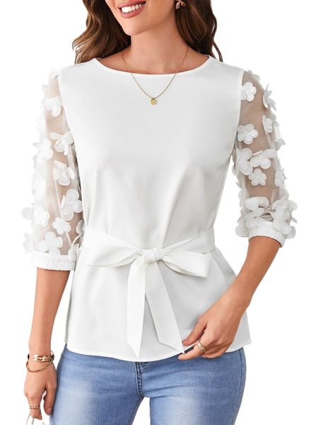 

emery rose applique detail contrast mesh sleeve belted blouse e1my#, White