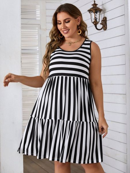 

plus striped print ruffle hem tank dress g8vq#, Black