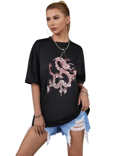 

dragon print drop shoulder tee j2m0#, White