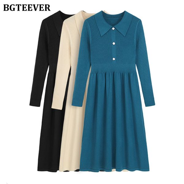 

elegant lapel knitted women a-line dress long sleeve single-breasted slim waist female sweater dress 2021 autumn winter, Black;gray
