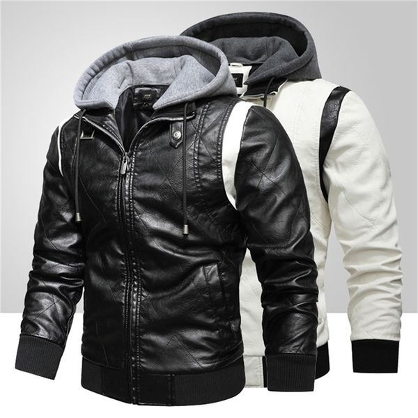 

fashion hooded leather jacket men winter thick warm casual coats men pu motorcycle jacket plus velvet faux leather coat 201224, Black