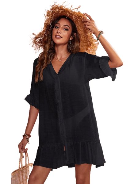 

flounce sleeve ruffle hem kimono 72wy#, White;black