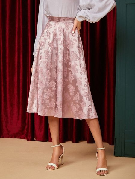 

high waist floral jacquard flared skirt 81ig#, Black