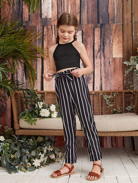 

girls halter & striped paperbag waist belted pants she, White