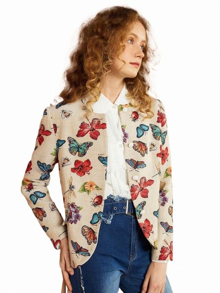 

mod allover butterfly & floral pattern jacquard jacket m8y8#, Black;brown