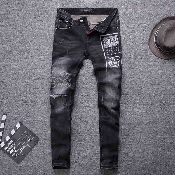 

men's jeans high street fashion men's jeans with holes black washing white printing dot drilling micro elastic slim fitting pants, Blue