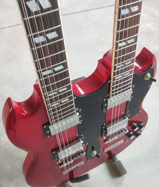 Çift Kafa Elektro Gitar, Yüksek Kalite, Şarap Kırmızısı, 12 Dizeler   6 Dizeler, Gümüş Donanım, Spot, Yıldırım Teslimat