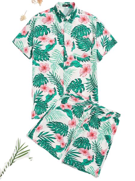 

men tropical print shirt and shorts set j7kd#, Gray