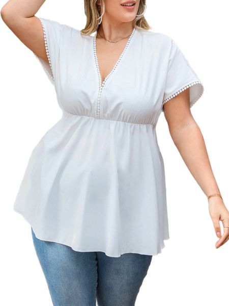 

plus contrast lace peplum blouse c5s9#, Black