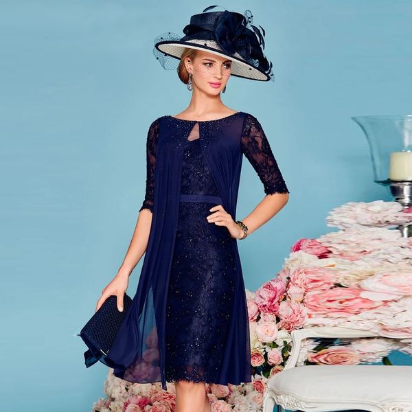 Elegante pizzo corto madre della sposa abiti guaina in rilievo abito da ballo per la cerimonia nuziale blu navy abiti de boda invitada 326 326