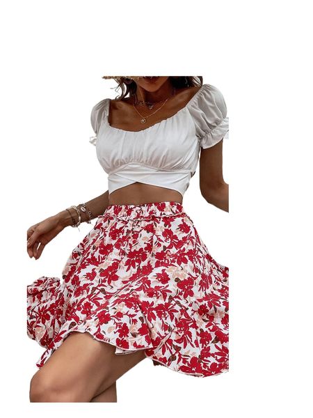 

floral print godet hem skirt 34yv#, Black
