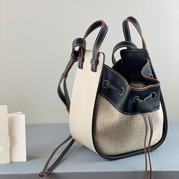 Hochwertige Ham-Mock-Mini-Tragetaschen, String-Beuteltaschen, spanischer Stil, Rindsleder-Thread-Handtaschen, neue modische Schulter-Crossbody-Leinen-Canvas-Tasche, tragbar, Split-Lo