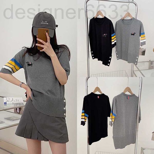 

women's knits & tees designer tb four bar contrast stripe dog badge round neck knitted t-shirt women's college style slim short sl, White