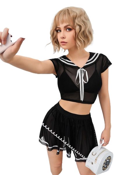 

s.ailor c.ollar knot f.ront .esh t.op & s.kirt without lingerie u3je#, White