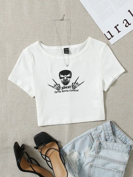 

skull and letter graphic rib-knit tee b6ps#, White