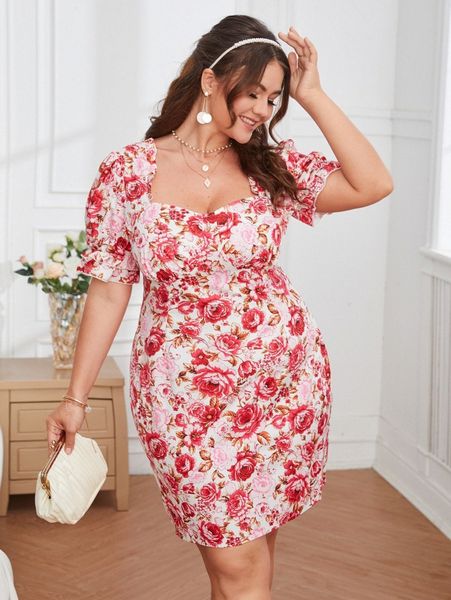 

plus floral print sweetheart neck puff sleeve dress q3r5#, Black