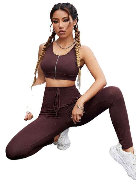 

zip front crop tank & knot front leggings j0w6#, White