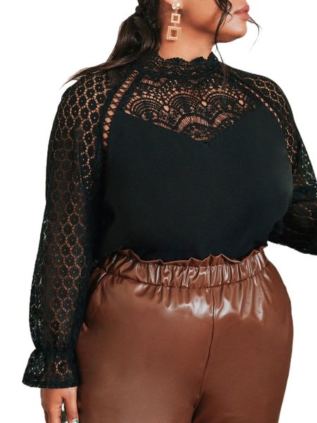 

plus guipure lace insert flounce sleeve blouse y5ck#, Black