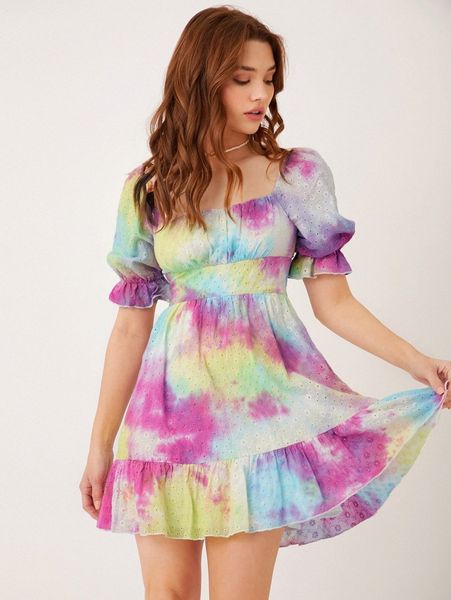

tie dye ruffle hem eyelet embroidery dress f9bk#, Black;gray