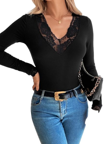 

contrast lace v neck tee a0a7#, White