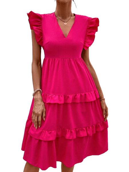 

solid ruffle trim dress 81zi#, Black;gray