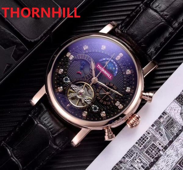 President Men Arrow Moon Watch 45mm Nero Marrone Vera pelle Tourbillon meccanico automatico Orologio da polso con cinturino di alta qualità Esplosioni annuali Orologio di fascia alta