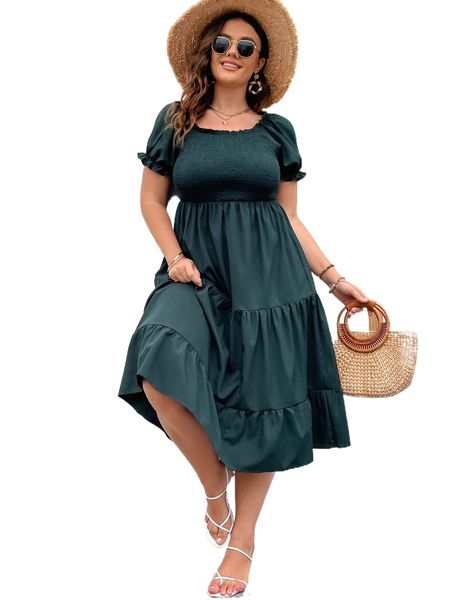 

plus puff sleeve shirred ruffle hem dress g2lo#, Black