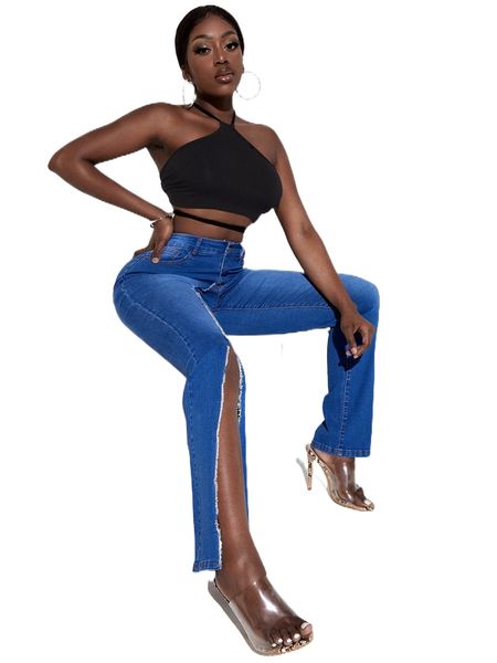 

sxy split detail solid jeans f8vp#, Blue