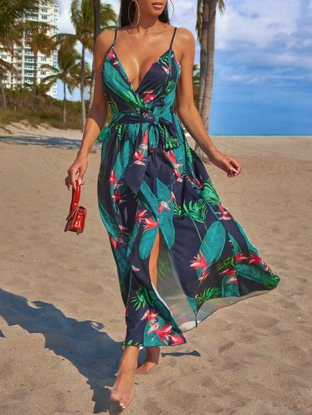 

sxy tropical print split thigh cami dress g6zq#, Black;gray