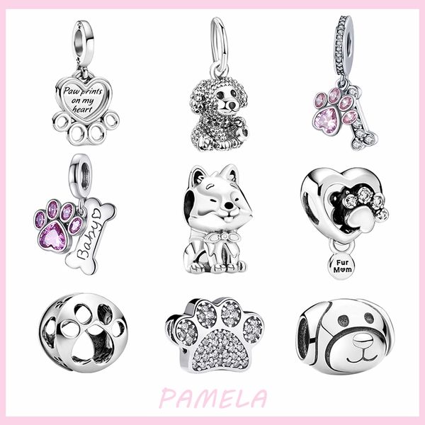 925 Sterling Silver Dog Paw Print Beads Cute Puppy Animal Charm fai da te per bracciali Pandora