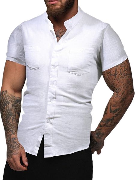 

men mock neck pocket patched shirt n49x#, White;black