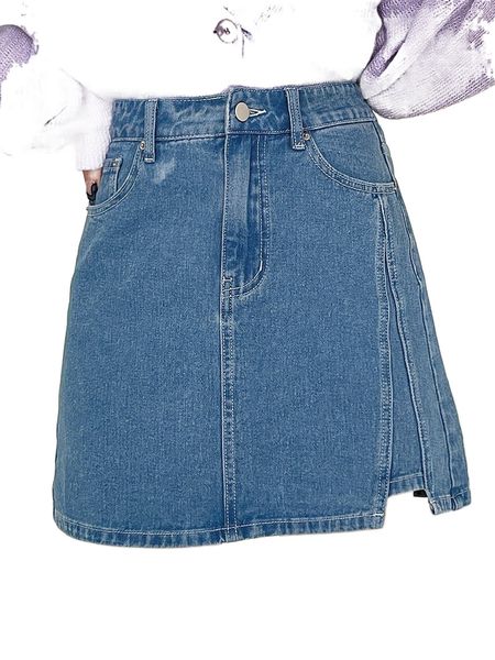 

dazy high waist asymmetrical hem denim skirt c59y#, Black