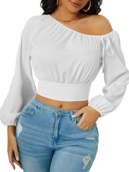 

sxy asymmetrical neck lantern sleeve knot detail blouse n1eu#, White