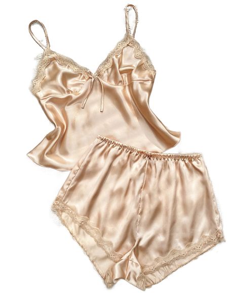 

lace trim bow front satin pj set z2qz#, Black;red