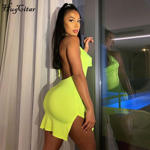 

2022 sleeveless halter bandage slit mini dress summer women fashion neon backless bodycon y2k streetwear, Black;gray