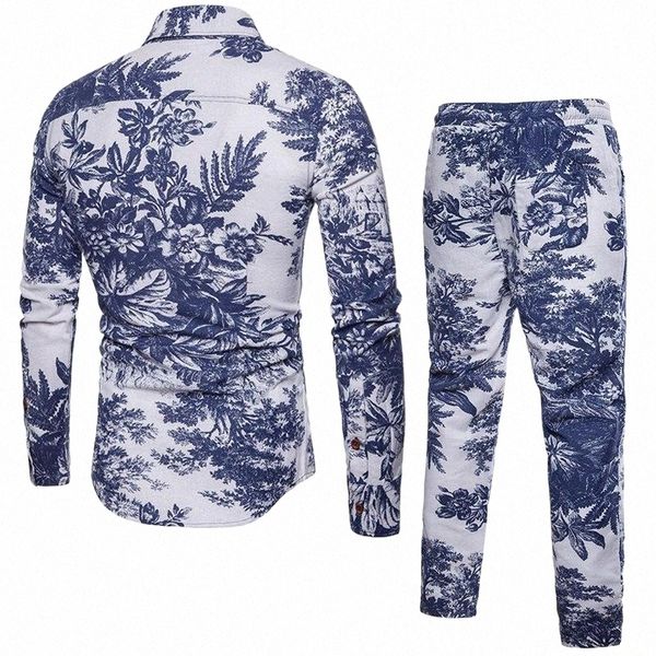 

men's tracksuits fashion folk floral printed tracksuit men casual two piece suit shirts drawstring sweatpants plus size -5xl ensemble, Gray