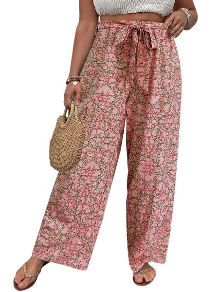 

plus ditsy floral print belted wide leg pants u9cn#, Black