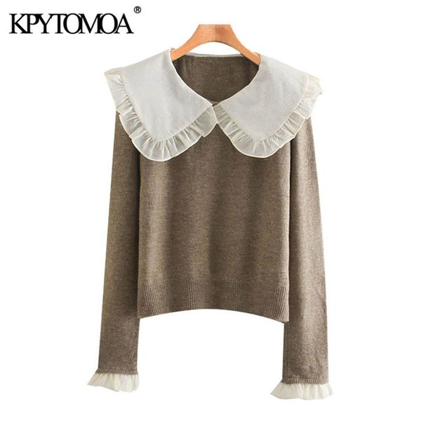 KPYTOMOA Maglione lavorato a maglia arruffato patchwork moda donna vintage colletto Peter Pan maniche lunghe pullover donna top chic 210203